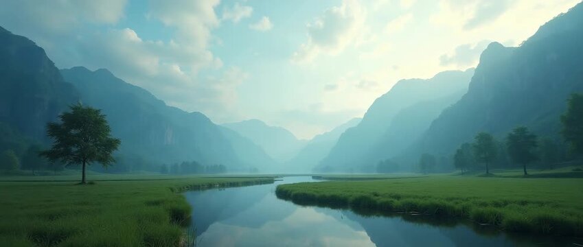 Serene cinematic landscape with gentle river motion and slow camera pan through tranquil mountain valley, clouds drifting softly across the sky, ideal for nature and wellness themes.