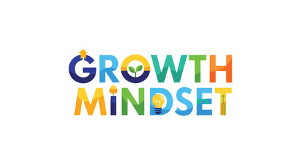 Vibrant textual illustration of growth mindset principles, depicting continuous development, innovative thinking, and upward educational progress