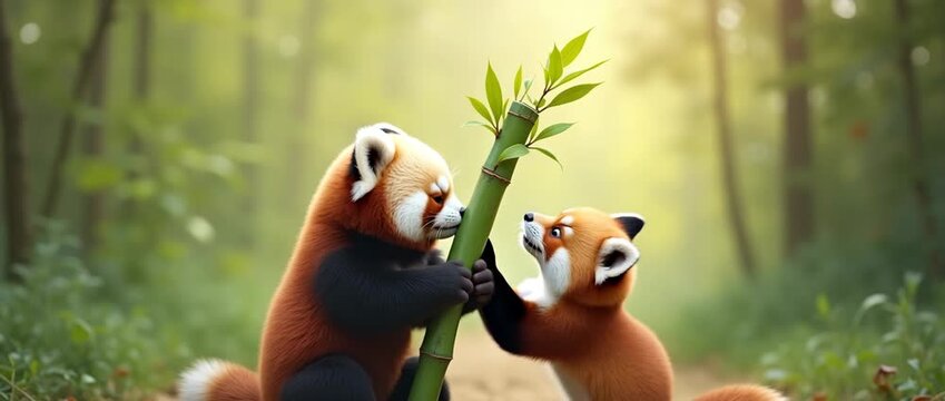 Playful red pandas interact with bamboo in a serene forest setting as the camera slowly pans, capturing gentle leaf sways and soft sunlight in a cinematic, nature-inspired scene.