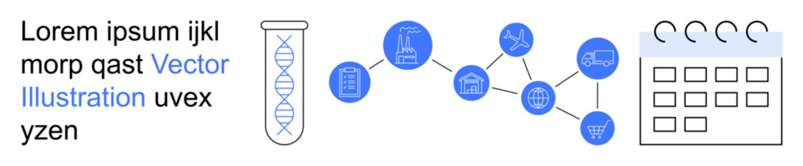 Obraz premium Biotechnology, research analysis, data management, innovation, science communication, future planning. DNA test tube, network of nodes calendar elements. Biotechnology and research analysis concept