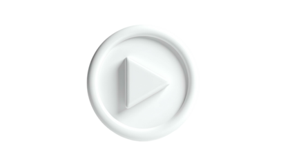 3D render of a glossy white play button icon set against a stark, black background