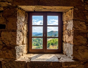 Rustic stone window frames a verdant valley and blue sky, inviting a picturesque view from the interior