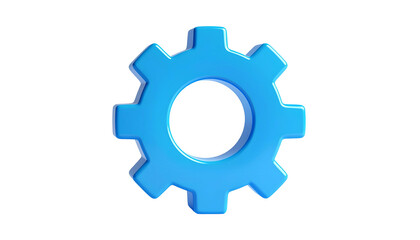 A stylized, light-blue gear with rounded edges sits against a stark black background
