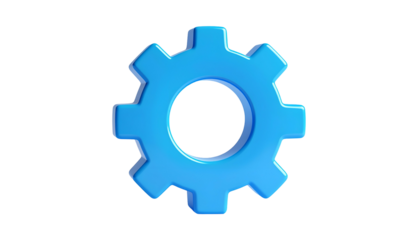 A stylized, light-blue gear with rounded edges sits against a stark black background