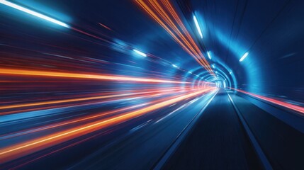 Futuristic tunnel with speed motion light trails. High speed travel concept featuring blue and orange light streams in modern technology corridor.