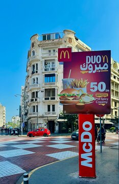  Casablanca, Morocco - October 31, 2025: McDonald&rsquo;s logo sign and promotional board seen in city center street, Casablanca, Morocco.