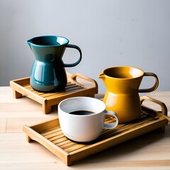 Obraz premium there are two cups of coffee sitting on a tray on a table