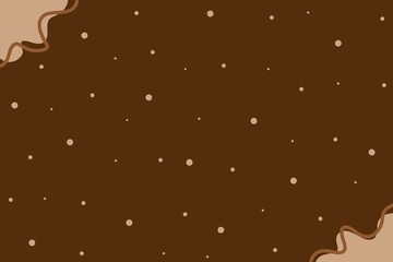 Dark brown background scattered with light beige dots, accented by organic abstract shapes and flowing wavy lines in the corners.
