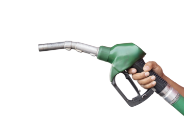 Hand holding green gasoline fuel nozzle isolated on white background