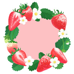 手描きの苺イラスト_丸フレーム_内側ピンク背景