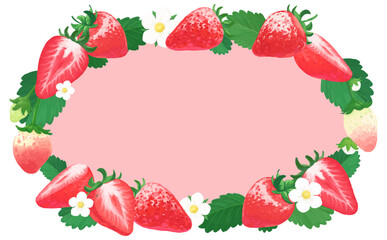 手描きの苺イラスト_楕円フレーム_内側ピンク背景