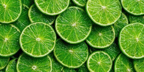Overhead Flat Lay of Stacked Bright Green Lime Slices with Sparkling Texture and Refreshing Appearance against Solid Backdrop