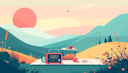 Fototapeta premium Serene Sunrise Picnic Scene with Vintage Radio and Refreshments Amidst Rolling Hills and Wildflowers
