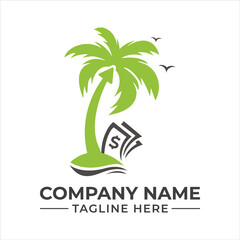 Growing wealth concept with a vibrant green palm tree and rising dollar bills