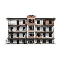 Abandoned apartment building with broken windows isolated on transparent background