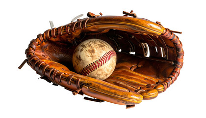 A well-worn baseball rests snugly inside a vintage leather baseball glove on black background