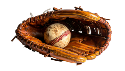A well-worn baseball rests snugly inside a vintage leather baseball glove on black background