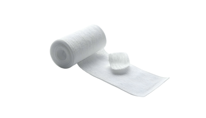 A roll of white gauze unwound with a small piece detached, set against a black backdrop