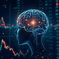 Obraz premium Artificial Intelligence Analyzing Stock Market Data with Glowing Charts, Futuristic Machine Learning Trading Concept