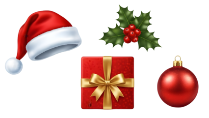 Christmas elements collection santa hat, holly, gift box, and ornament isolated isolated on transparent background
