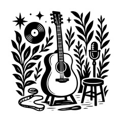 Guitar And Music Room Woodcut Illustration
