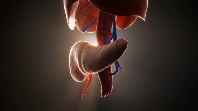 Pancreas Diagram Detailed Anatomical View of the Gland - 3D Render of the Pancreas Showing its Lobular Structure and Connection to the Bile Duct and Spleen