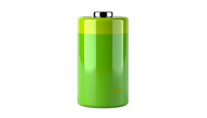 A glossy, cylindrical battery with a full charge indicator. Black background