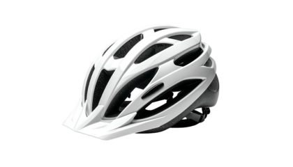White bicycle helmet with vents and a visor, angled on a black background