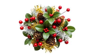Christmas holly berries and pine cones decoration isolated on transparent background