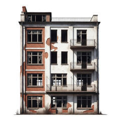 Obraz premium Abandoned apartment building with broken windows isolated on transparent background