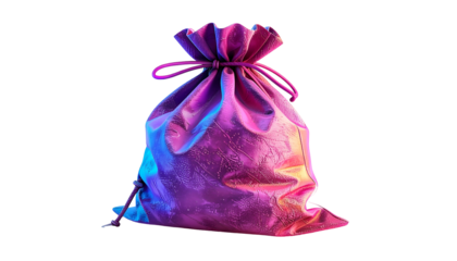 A brightly colored, textured drawstring bag against a black background