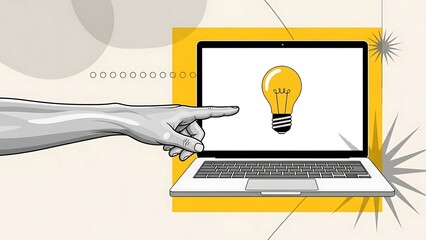 Hand pointing at glowing lightbulb on laptop screen symbolizes digital innovation and ideas