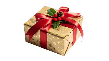 Obraz premium Golden christmas gift box with red ribbon and holly decoration isolated on transparent background