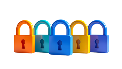 Vibrant 3D rendering of five colorful padlocks arranged in a row against black background