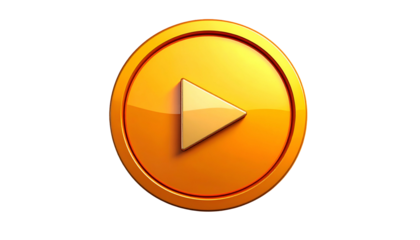 Glossy, golden, 3D play button icon with an inner triangle, set against a black background
