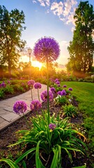 Purple allium flowers shine in a garden with a flagstone walkway under a sunset, creating a tranquil scenery