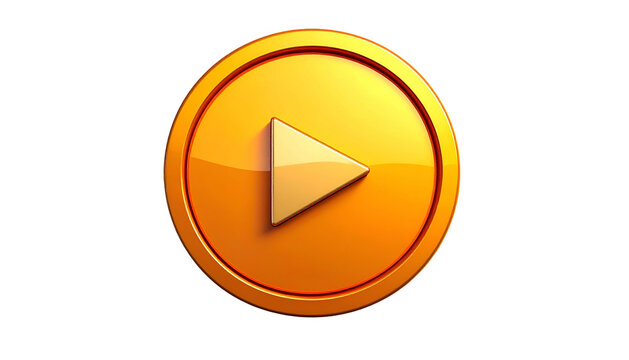 Glossy, golden, 3D play button icon with an inner triangle, set against a black background