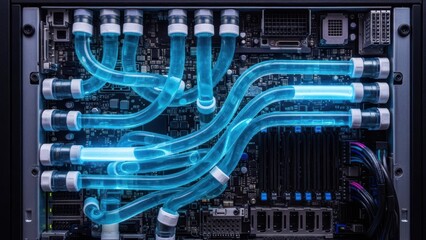 Close-up of a computer motherboard with a custom liquid cooling system featuring blue