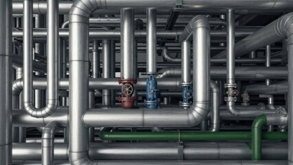 Close-up view of industrial pipes and valves in a complex network.