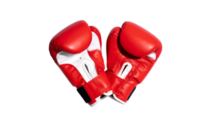 Two vibrant red boxing gloves are interlocked against a black background