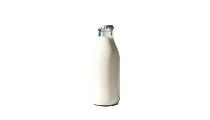 A classic, slender glass bottle filled with a creamy, opaque white liquid against black