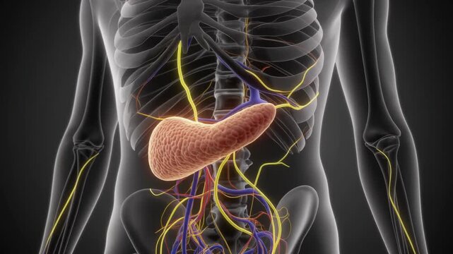 Pancreas Diagram Location in the Context of the Abdominal Organs - 3D Medical Visualization Showing the Pancreas Organ in Relation to Major Abdominal Structures and Skeleton