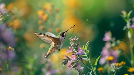 Fototapeta premium Hummingbird Hovering Near a Pink Hibiscus Flower