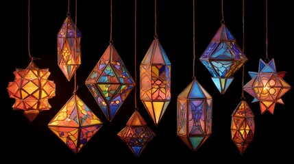 Assortment of multi-faceted, colorful lanterns hanging in darkness. Each lantern displays intricate stained-glass patterns. Various geometric shapes