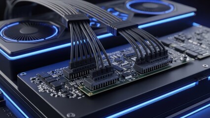 Close-up of computer hardware with blue neon lights and cables connected to a circuit