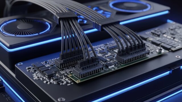 Close-up of computer hardware with blue neon lights and cables connected to a circuit - Powered by Adobe