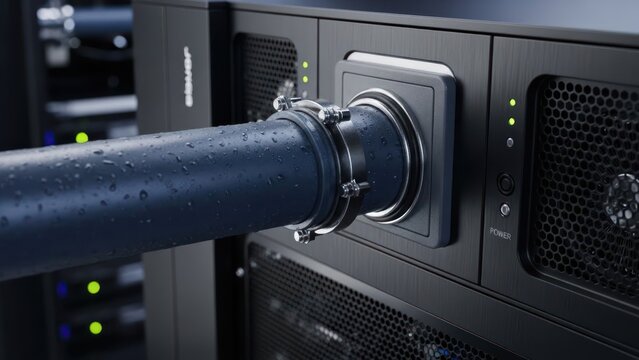 Close-up of a water-cooled computer server with a tube connected to it in a data center - Powered by Adobe