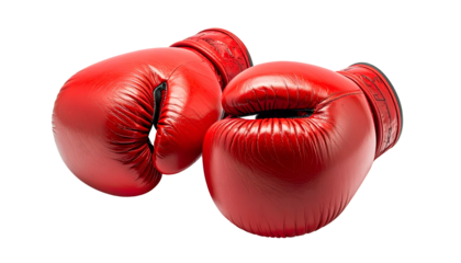 Pair of vibrant red boxing gloves, one slightly overlapping the other, isolated on black