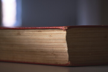 Old book resting on table under soft light