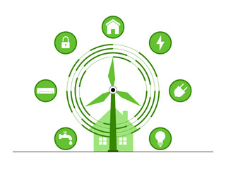 A wind turbine integrated with a house and various common household utilities for everyday life. Green energy vector illustration. Flat illustration concept.